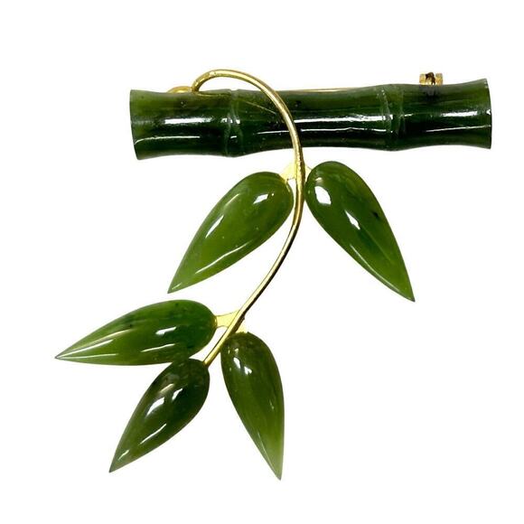 Unbranded Jewelry - Vintage Jade and Gold Brooch 2" long Bamboo Branch and Leaf design